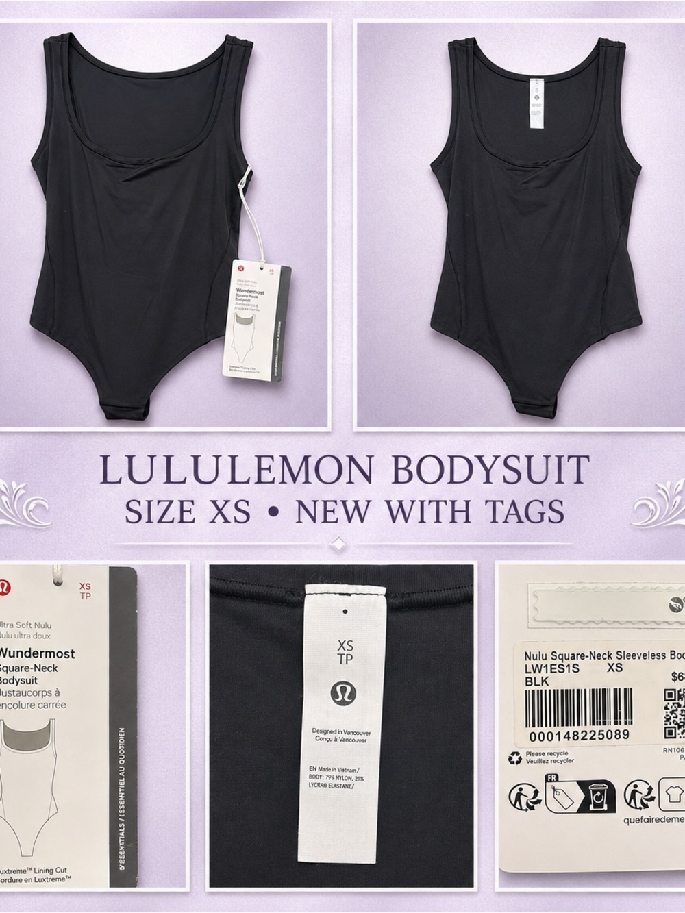 lululemon athletica Black Nulu Square-Neck Sleeveless Bodysuit